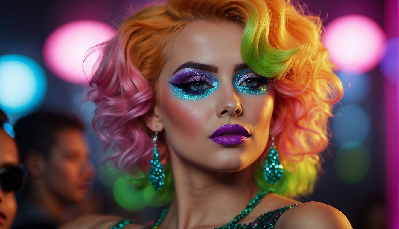 Brightly colored teased hair and bold makeup in neon shades, with exaggerated eyeliner and blush. Glittery eyeshadow and glossy lips complete the 80s prom look 80s Prom Pictures