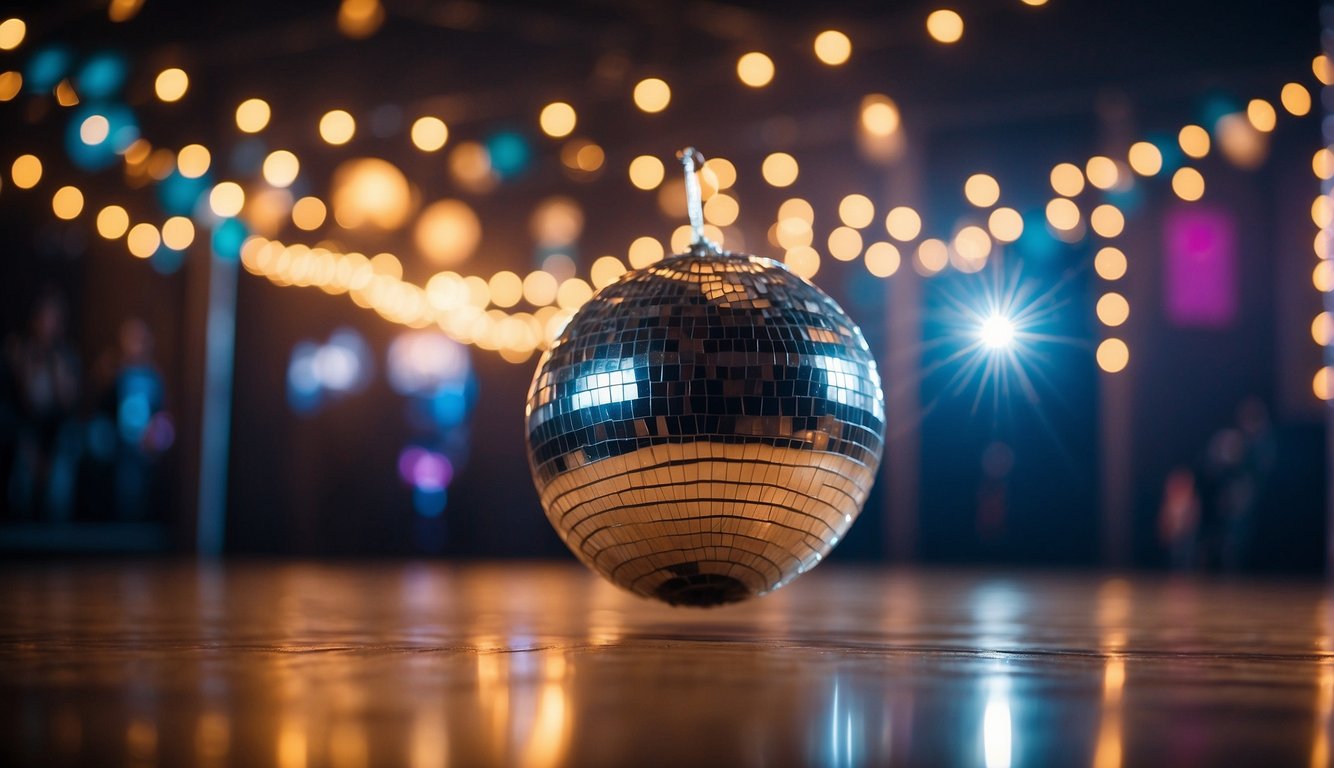 A dimly lit gymnasium with colorful streamers and balloons, a disco ball casting sparkles across the dance floor, and a backdrop of twinkling lights for prom night photography 80s Prom Pictures