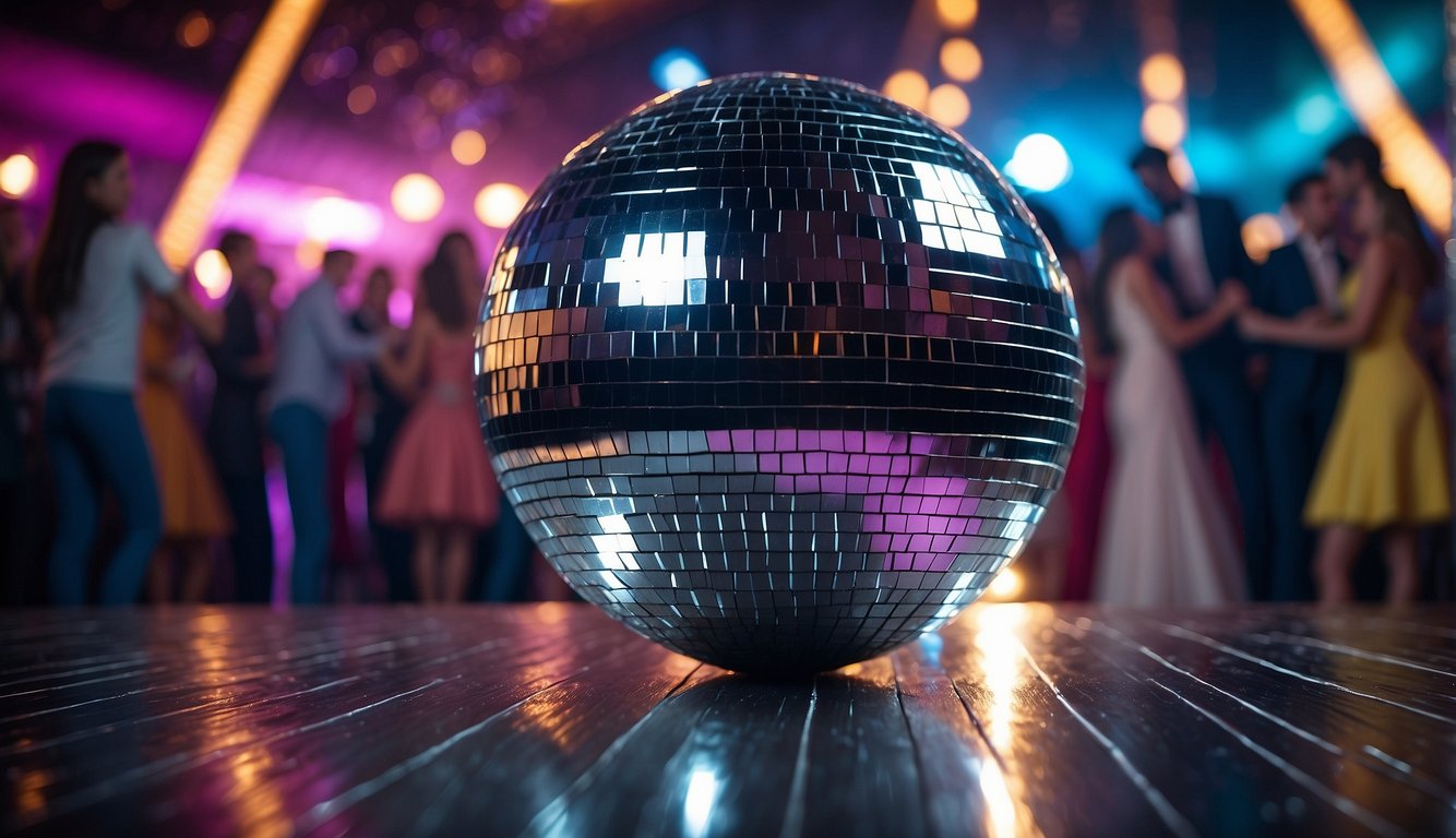 A disco ball reflects neon lights on a crowded dance floor at an 80s prom, with couples posing for pictures in front of a glittering backdrop 80s Prom Pictures