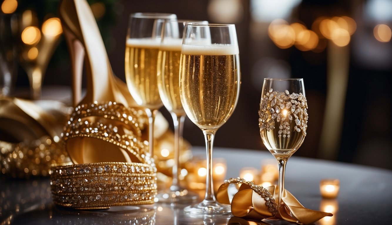 A table adorned with glittering champagne flutes, sparkling tiaras, and sequined sashes. Shimmering cocktail dresses and high heels scattered on the floor Glitz and Glam Bachelorette Party Outfits