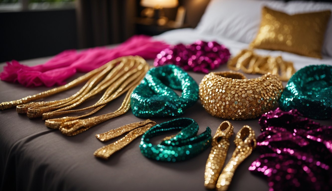 A group of glamorous outfits laid out on a bed, featuring sequins, sparkles, and bold colors for a glitzy bachelorette party Glitz and Glam Bachelorette Party Outfits