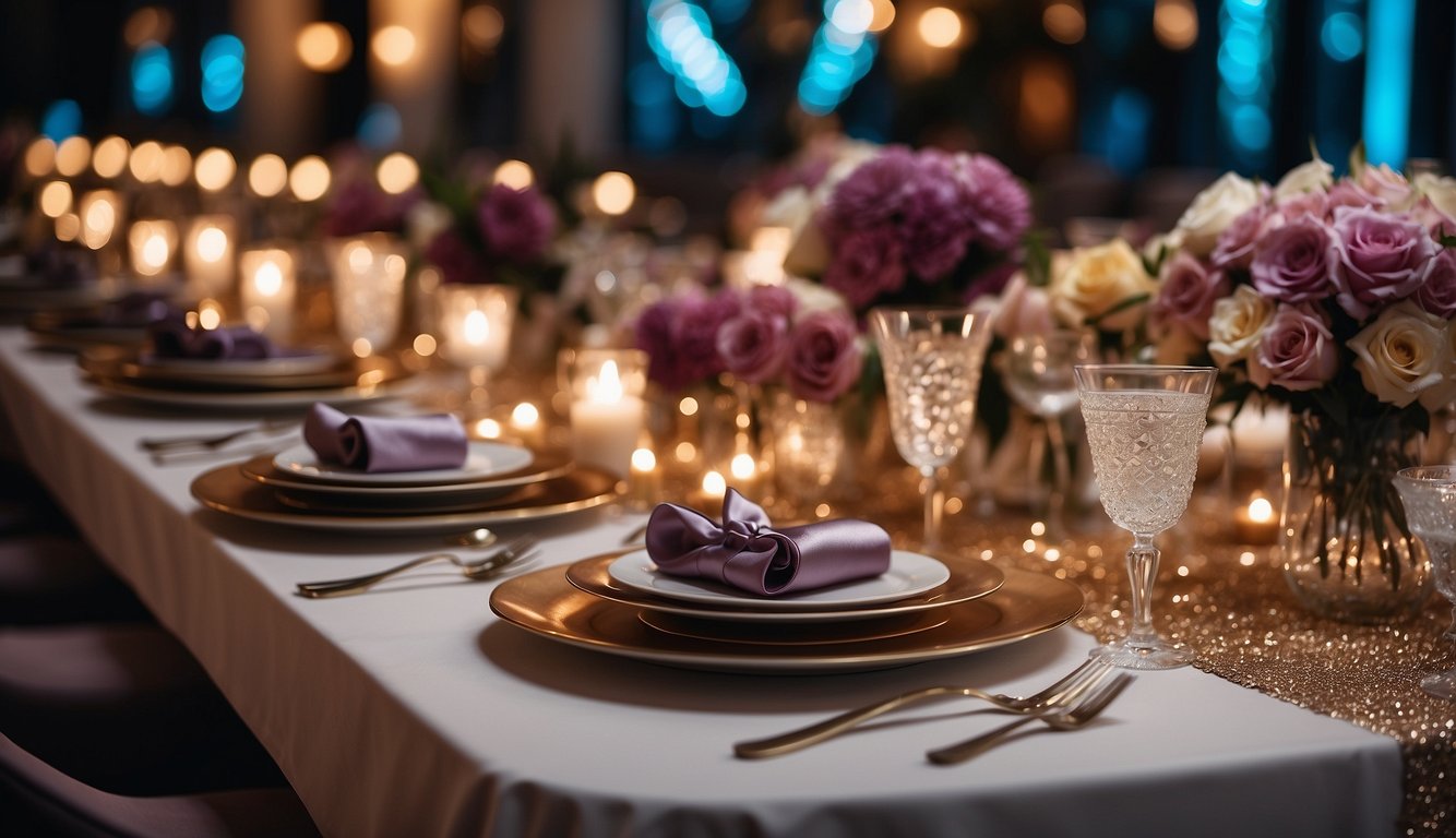 A table adorned with chic and comfortable outfit options for a glitz and glam bachelorette party. Sparkly dresses, stylish jumpsuits, and trendy accessories are displayed for the perfect night out Glitz and Glam Bachelorette Party Outfits