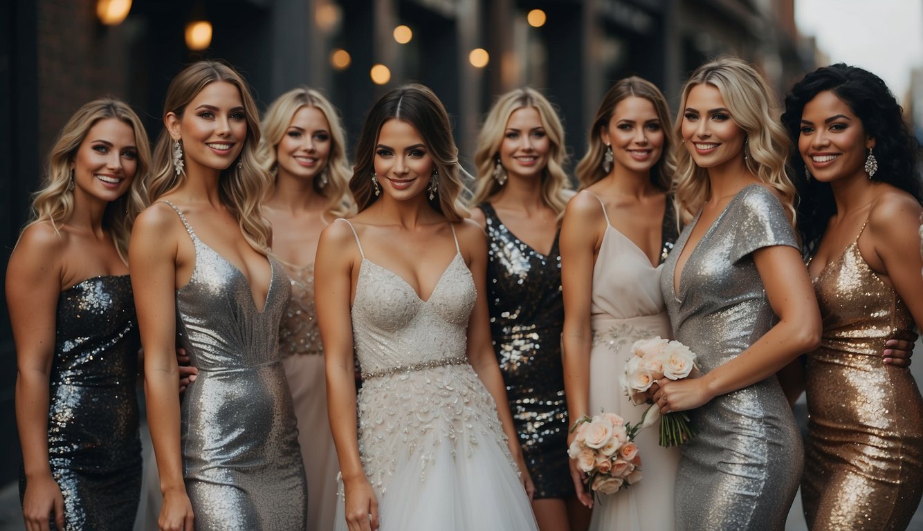A group of glamorous outfits in sparkly, trendy styles for a bridal party bachelorette party Glitz and Glam Bachelorette Party Outfits