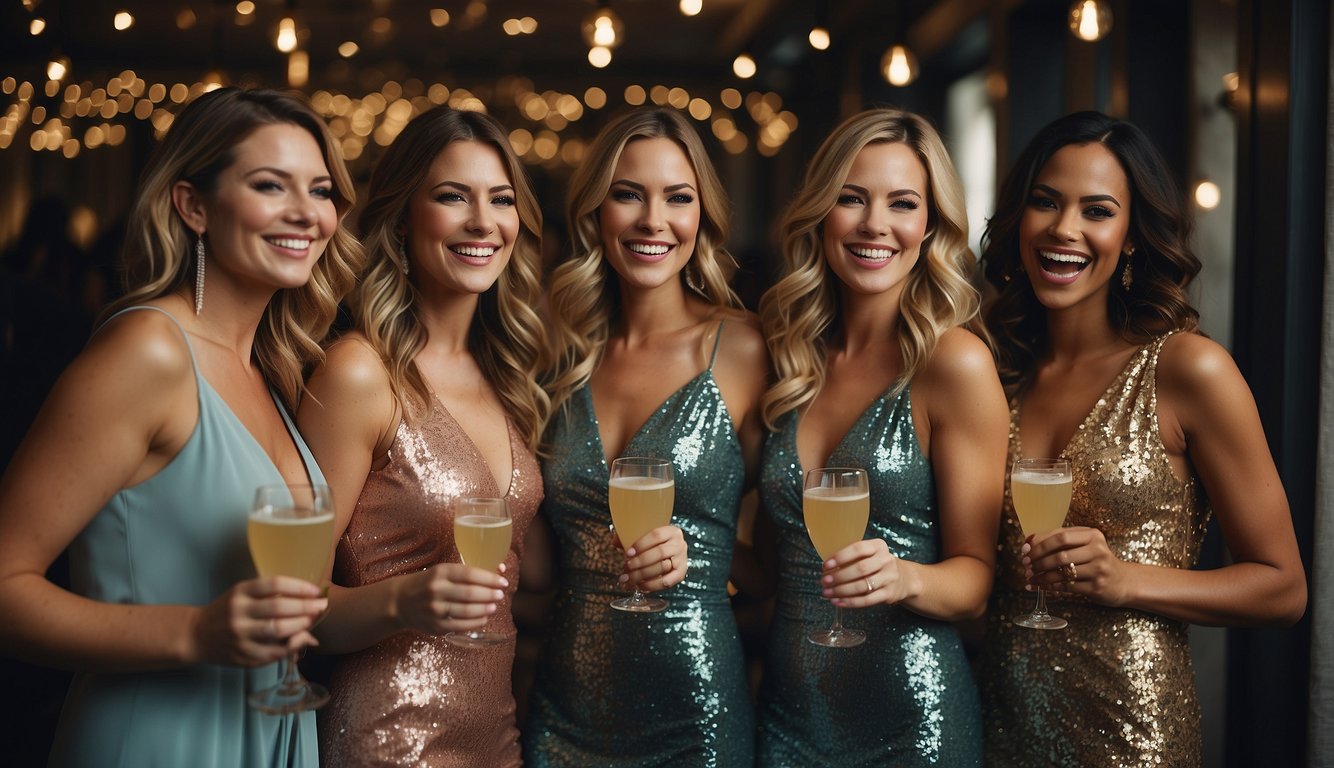A group of women dressed in glitzy and glamorous bachelorette party outfits, sipping on cocktails and laughing together Glitz and Glam Bachelorette Party Outfits
