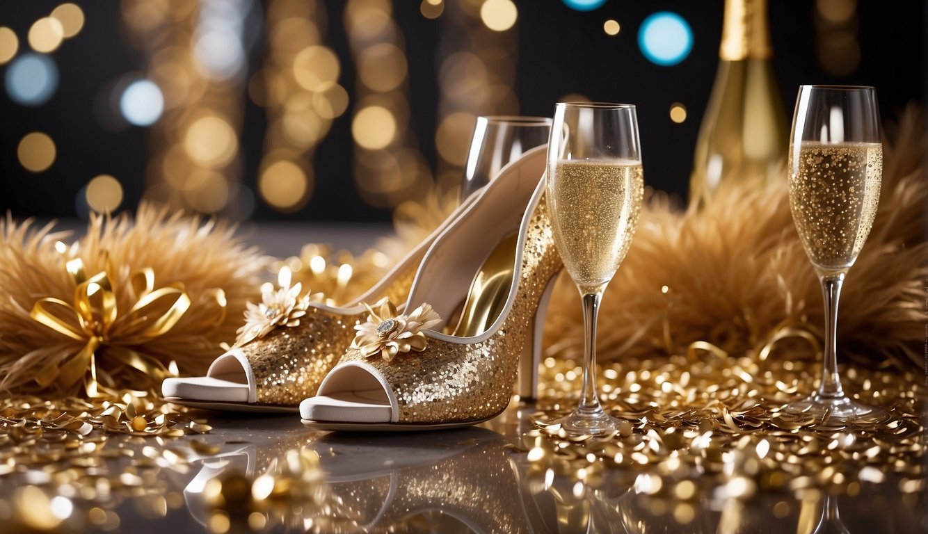 A sparkling array of sequined dresses, feather boas, and high-heeled shoes, surrounded by glittering champagne flutes and confetti Glitz and Glam Bachelorette Party Outfits