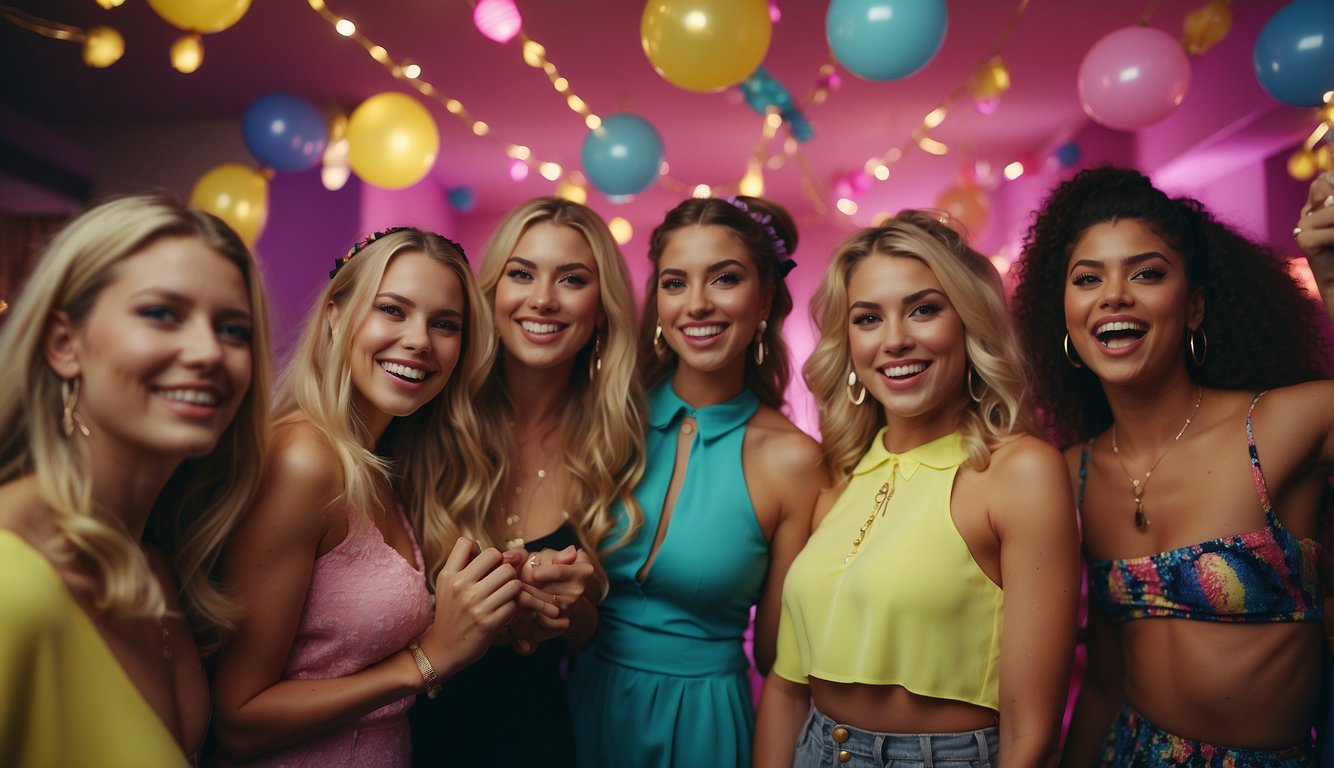 A group of women surrounded by 90s-themed decorations, wearing neon colors and scrunchies, dancing to 90s pop music at a bachelorette party 90s Themed Bachelorette Party