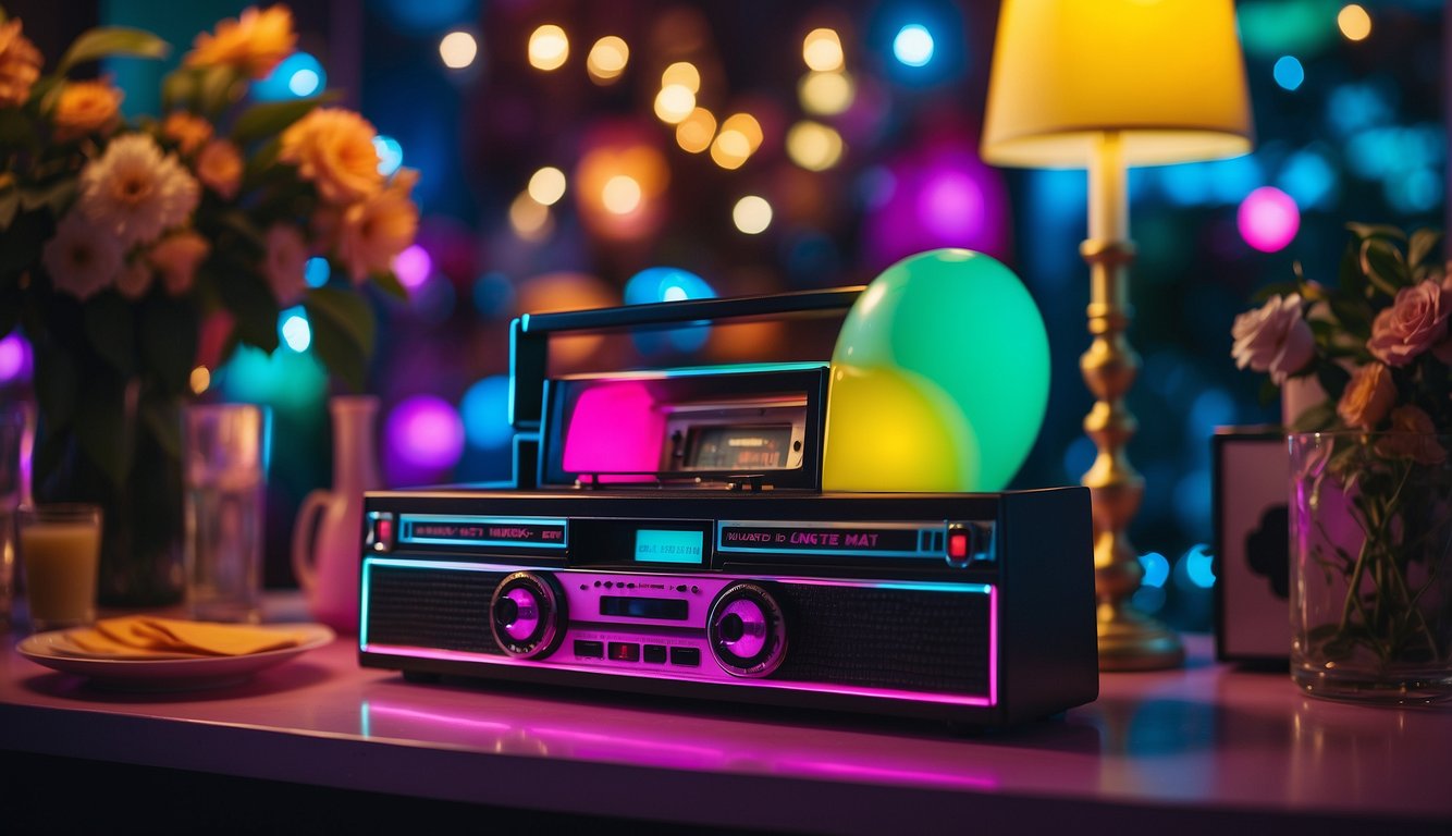 Colorful 90s-themed invitations cover a table, surrounded by neon decorations and retro memorabilia. A boombox plays music in the background, setting the scene for a fun bachelorette party 90s Themed Bachelorette Party