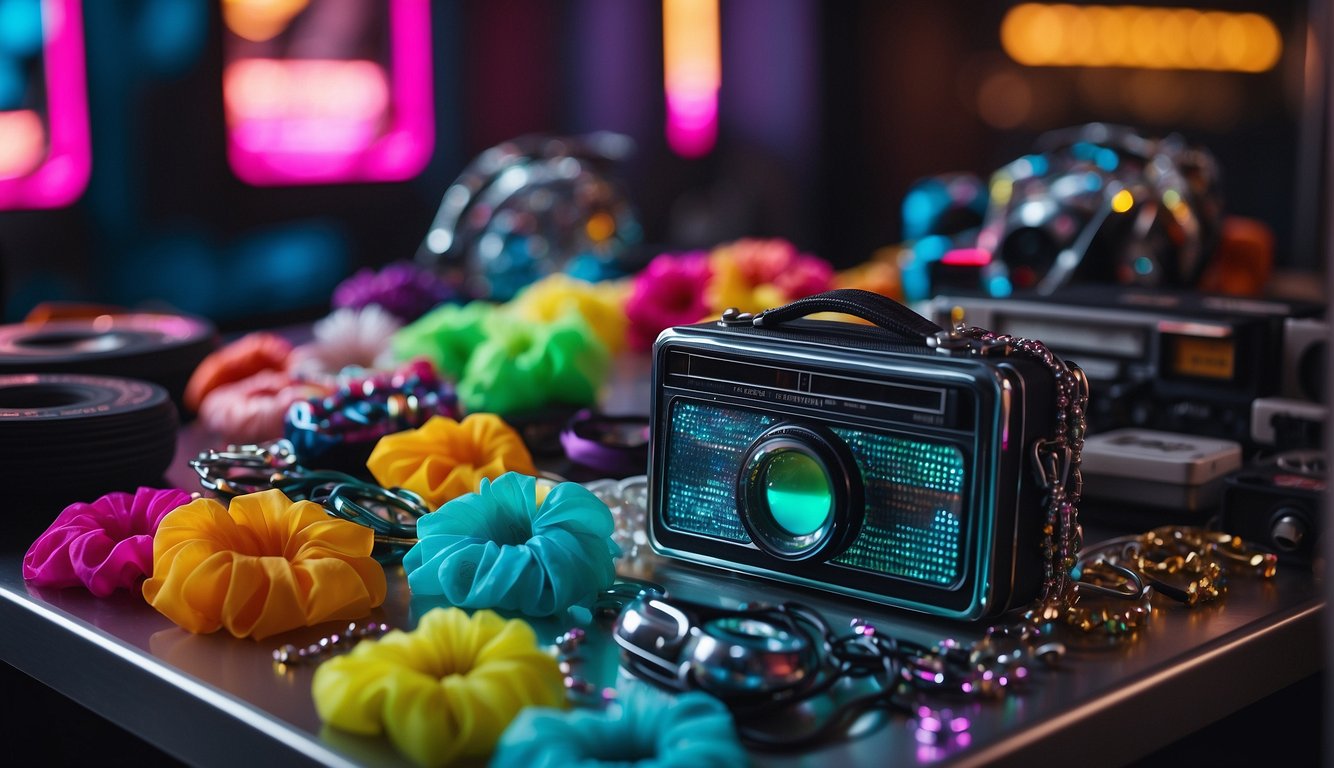A table with neon-colored scrunchies, butterfly clips, and mini backpacks. A rack of sparkly crop tops and high-waisted jeans. Disco ball and cassette tapes decor 90s Themed Bachelorette Party
