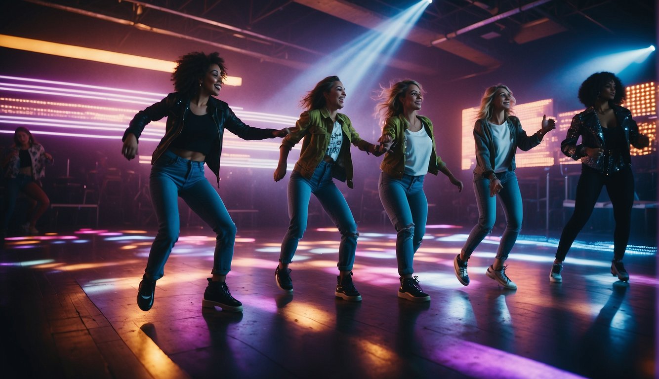 A group of women dance to 90s music, surrounded by neon lights and disco balls, while playing nostalgic games like Twister and Mario Kart 90s Themed Bachelorette Party