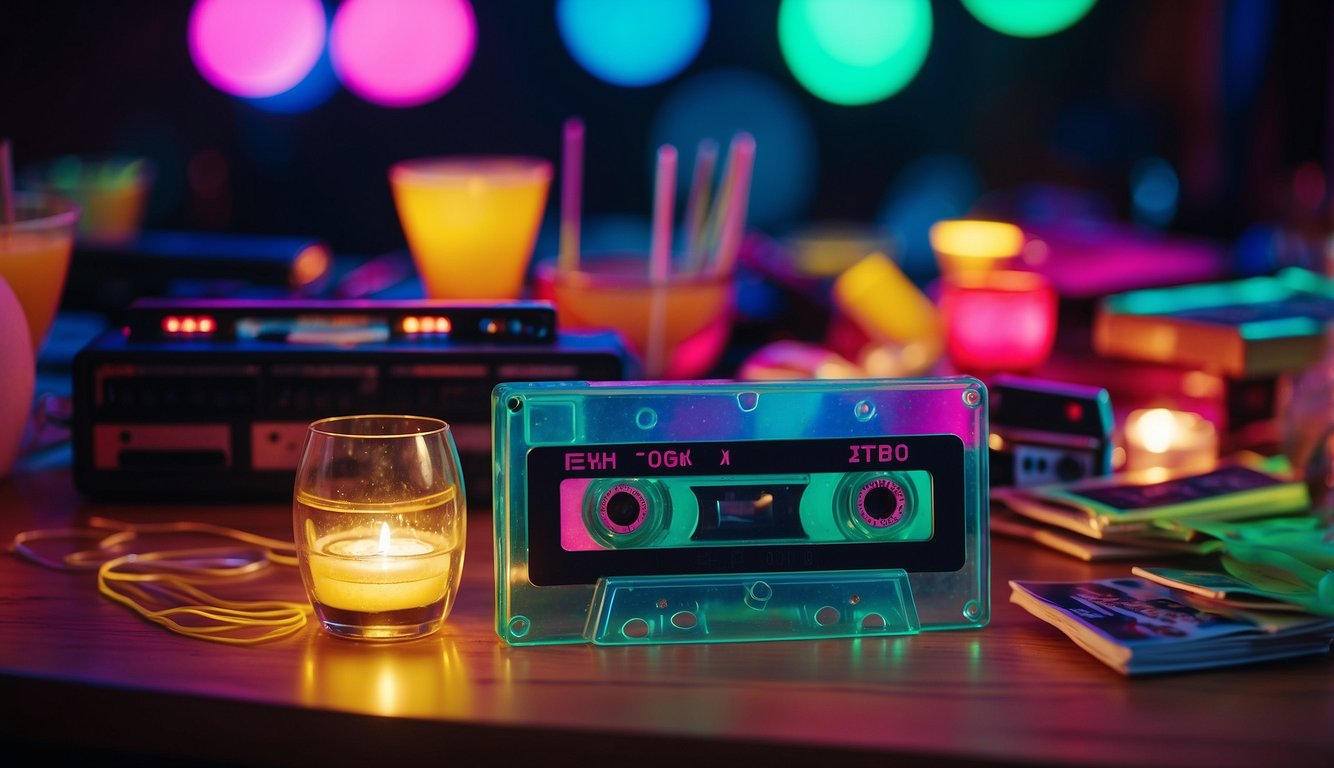 Colorful 90s themed party favors and keepsakes arranged on a table with neon lights and cassette tapes in the background 90s Themed Bachelorette Party