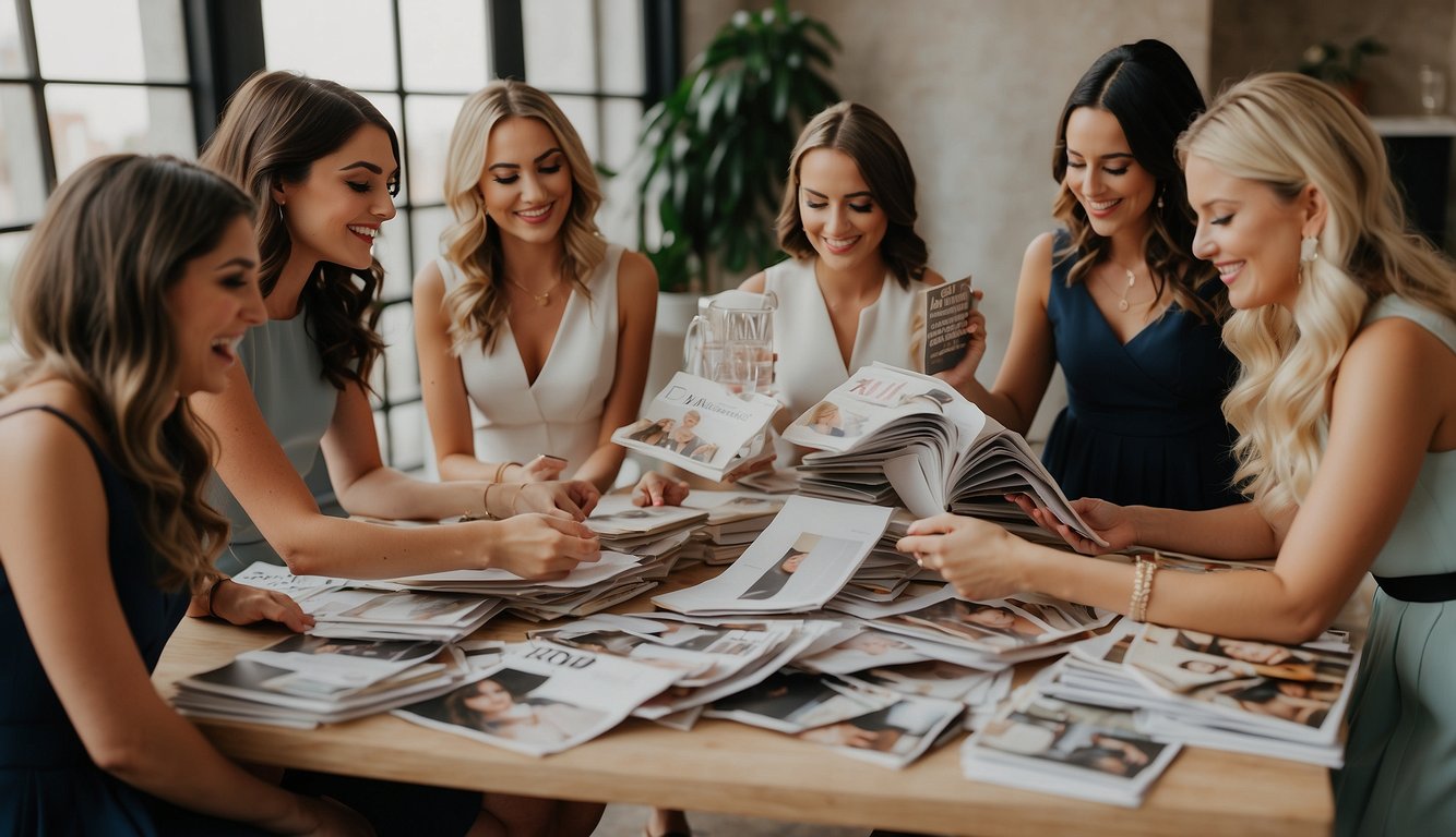 A group of bridesmaids gather around a table covered in fashion magazines, fabric swatches, and sketch pads, brainstorming and collaborating on the perfect bachelorette party outfit ideas for the bride-to-be Bachelorette Party Outfit Ideas