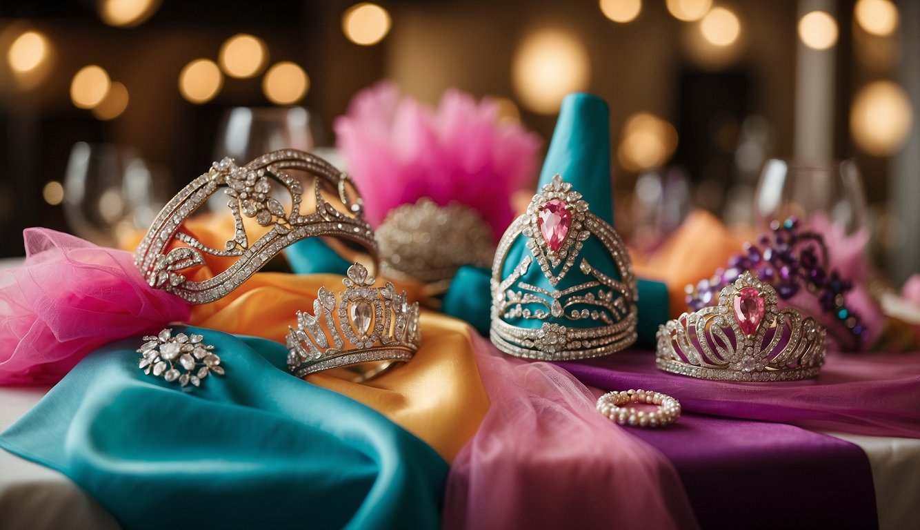 A table displaying various bachelorette party outfit accessories, including sashes, tiaras, and decorative veils. Bright and colorful options are arranged neatly for selection Bachelorette Party Outfit Ideas