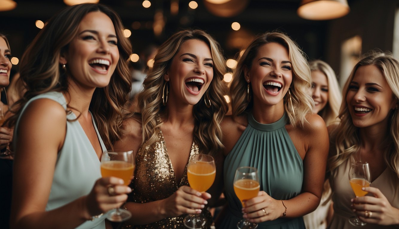 A group of women in stylish and coordinated outfits, laughing and celebrating at a bachelorette party. The scene is filled with fun and excitement, with the women showcasing their unique and trendy party attire Bachelorette Party Outfit Ideas
