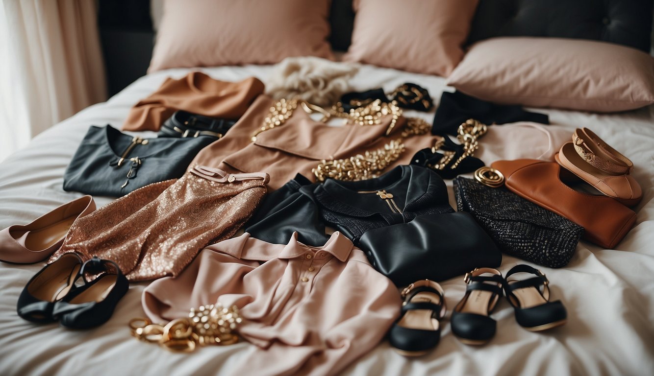 A group of stylish outfits laid out on a bed, including trendy dresses, chic jumpsuits, and fashionable accessories for a bachelorette party Bachelorette Party Outfit Ideas