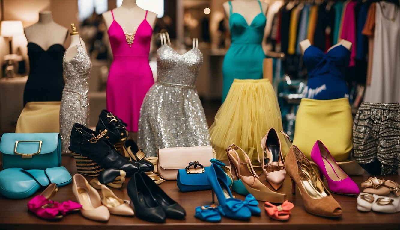 Women choosing outfits: beachwear, cocktail dresses, and nightlife attire. Location-themed accessories and shoes laid out on a table Bachelorette Party Outfit Ideas