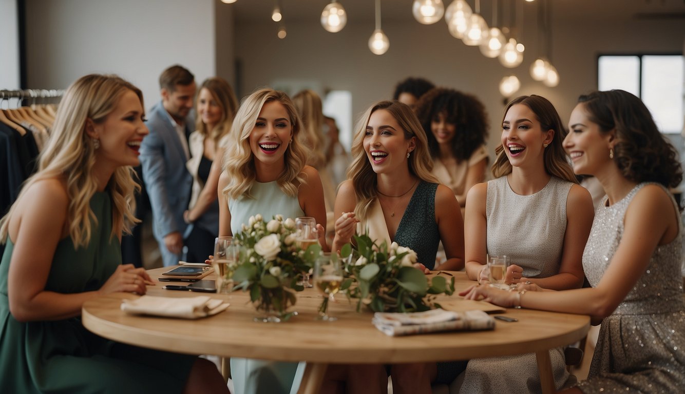 A table filled with various outfit options, including dresses, accessories, and shoes. A group of excited women chatting and laughing while trying on different ensembles Bachelorette Party Outfit Ideas