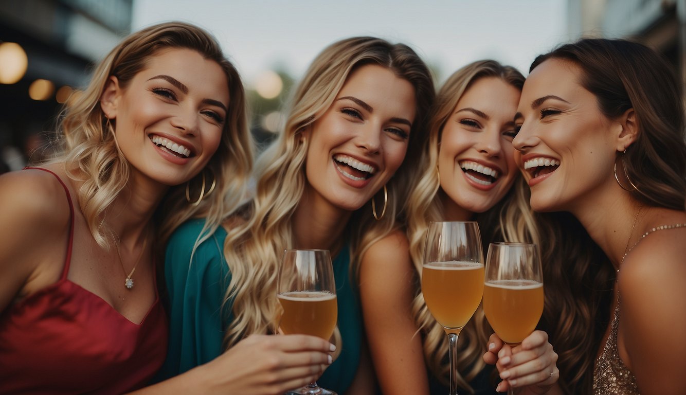 A group of women in stylish, seasonal outfits, laughing and clinking glasses at a bachelorette party. Vibrant colors and trendy accessories add to the festive atmosphere Bachelorette Party Outfit Ideas