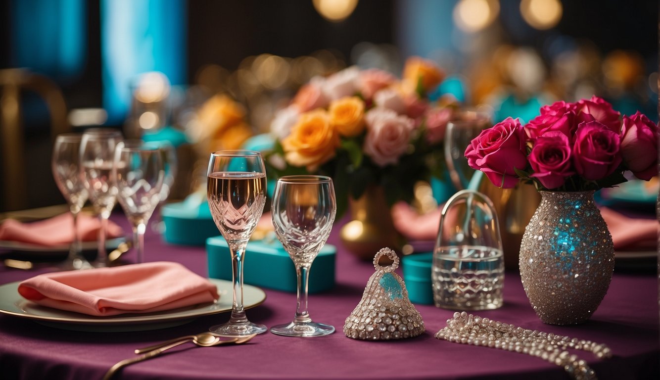 A table with various outfit options for a bachelorette party, including dresses, accessories, and shoes. Bright colors and sparkly details are prominent Bachelorette Party Outfit Ideas