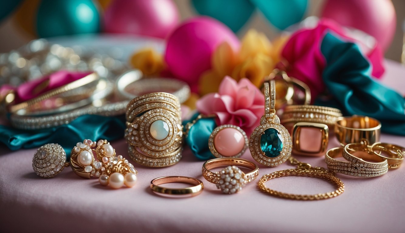 A group of colorful and stylish outfits laid out on a bed or table, with accessories like sparkly jewelry and fun props, ready for a bachelorette party Bachelorette Party Outfit Ideas