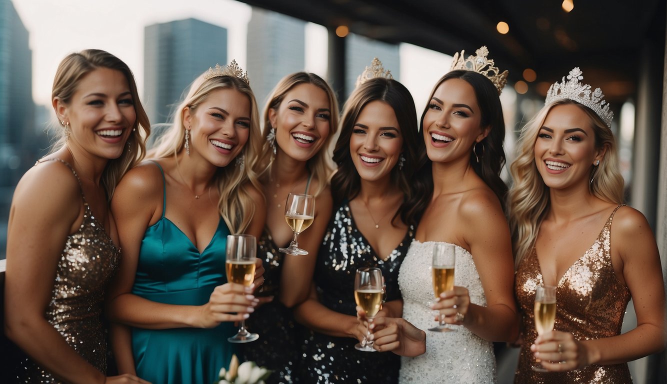 A group of women wearing themed bachelorette party attire, including sashes, tiaras, and matching outfits, laughing and posing for photos at a trendy rooftop bar Bachelorette Party Outfit Ideas