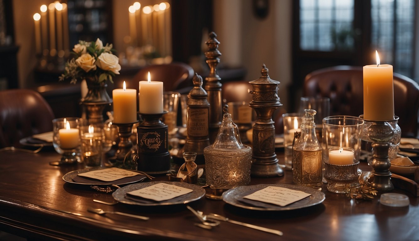 A table adorned with Harry Potter-themed merchandise for a bachelorette party. Items include wands, spell books, and house banners Harry Potter Themed Bachelorette Party