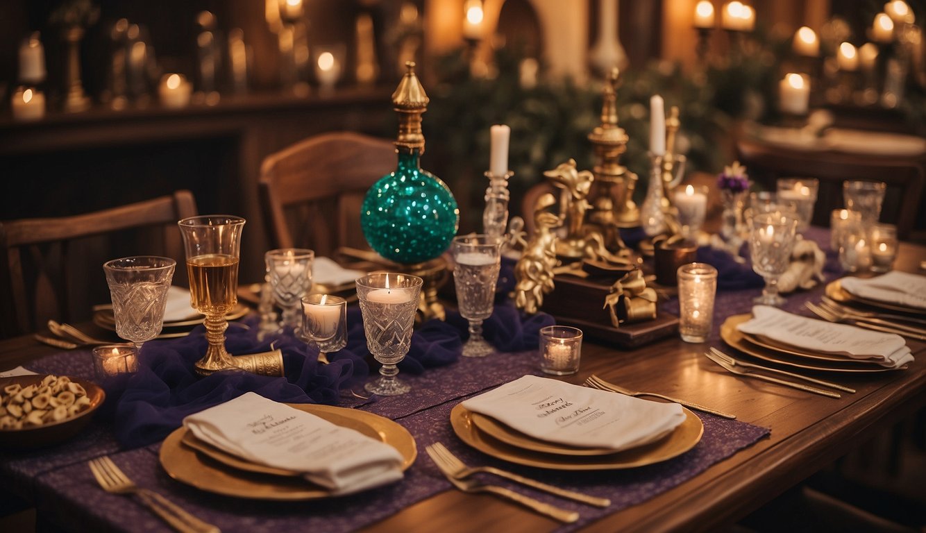 A table set with wizard-themed decorations, potions, and wands. A sign reads "Our Opinion Harry Potter Themed Bachelorette Party." Harry Potter Themed Bachelorette Party