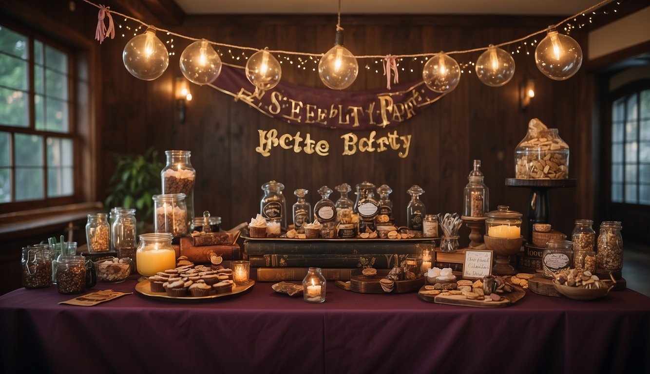 A table adorned with Harry Potter-themed party favors and gifts, including wands, spellbooks, and potion bottles. A banner reading "Bachelorette Party" hangs above Harry Potter Themed Bachelorette Party