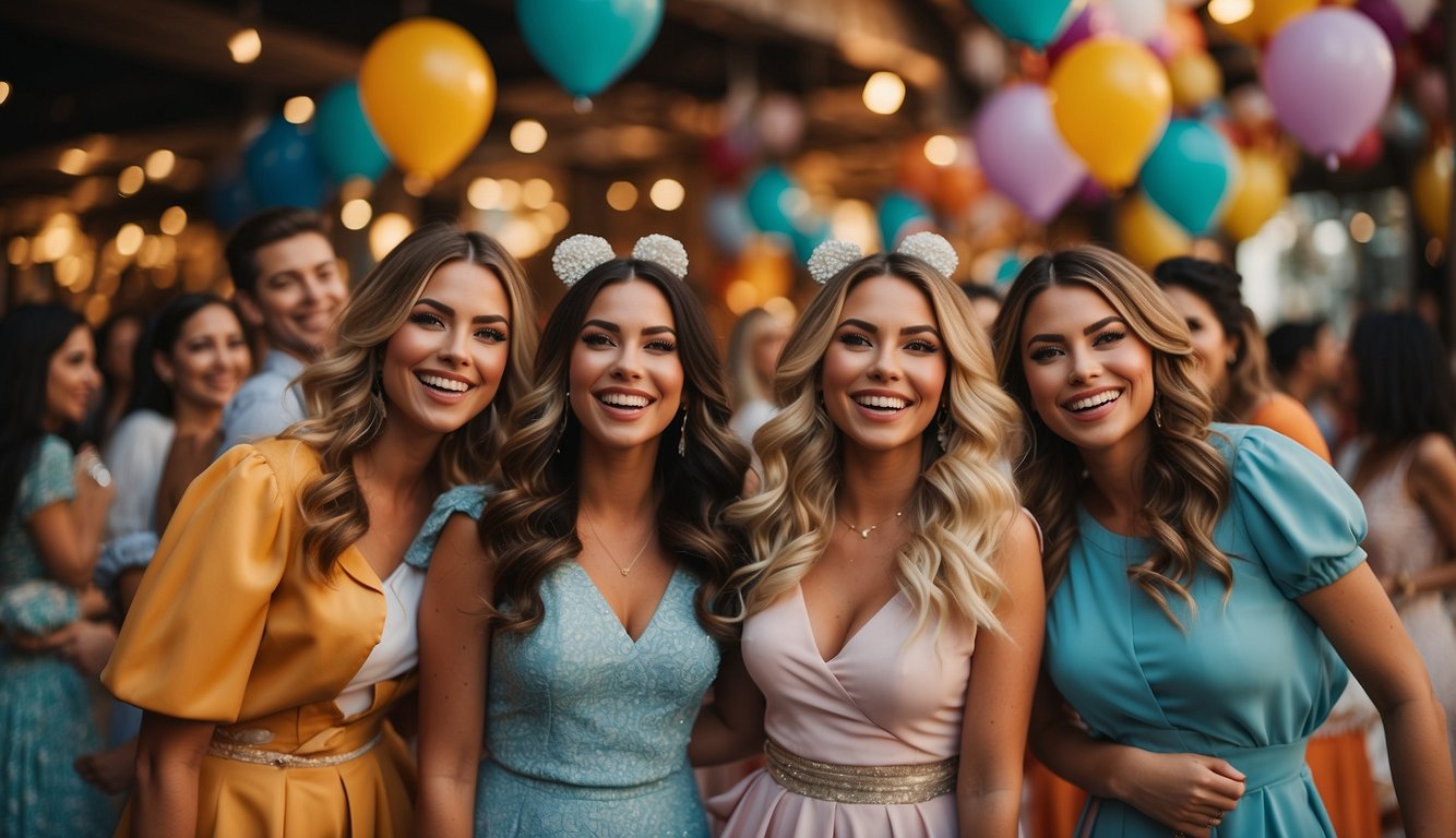A group of women in matching Disney-themed attire excitedly plan their bachelorette party, surrounded by colorful decorations and Disney park maps Disney Themed Bachelorette Party