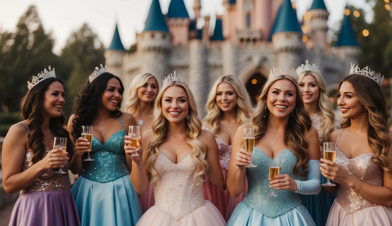 A group of women wearing Disney-themed attire and accessories, laughing and dancing with slogans like "Bibbidi Bobbidi Booze" and "Hakuna Ma'Vodka" Disney Themed Bachelorette Party