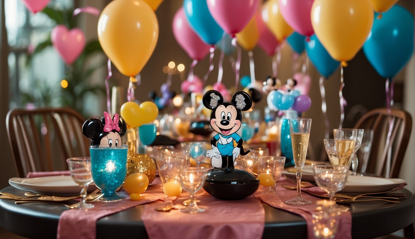 A table set with Disney-themed decorations and favors for a bachelorette party. Balloons, streamers, and character cutouts add to the magical atmosphere Disney Themed Bachelorette Party