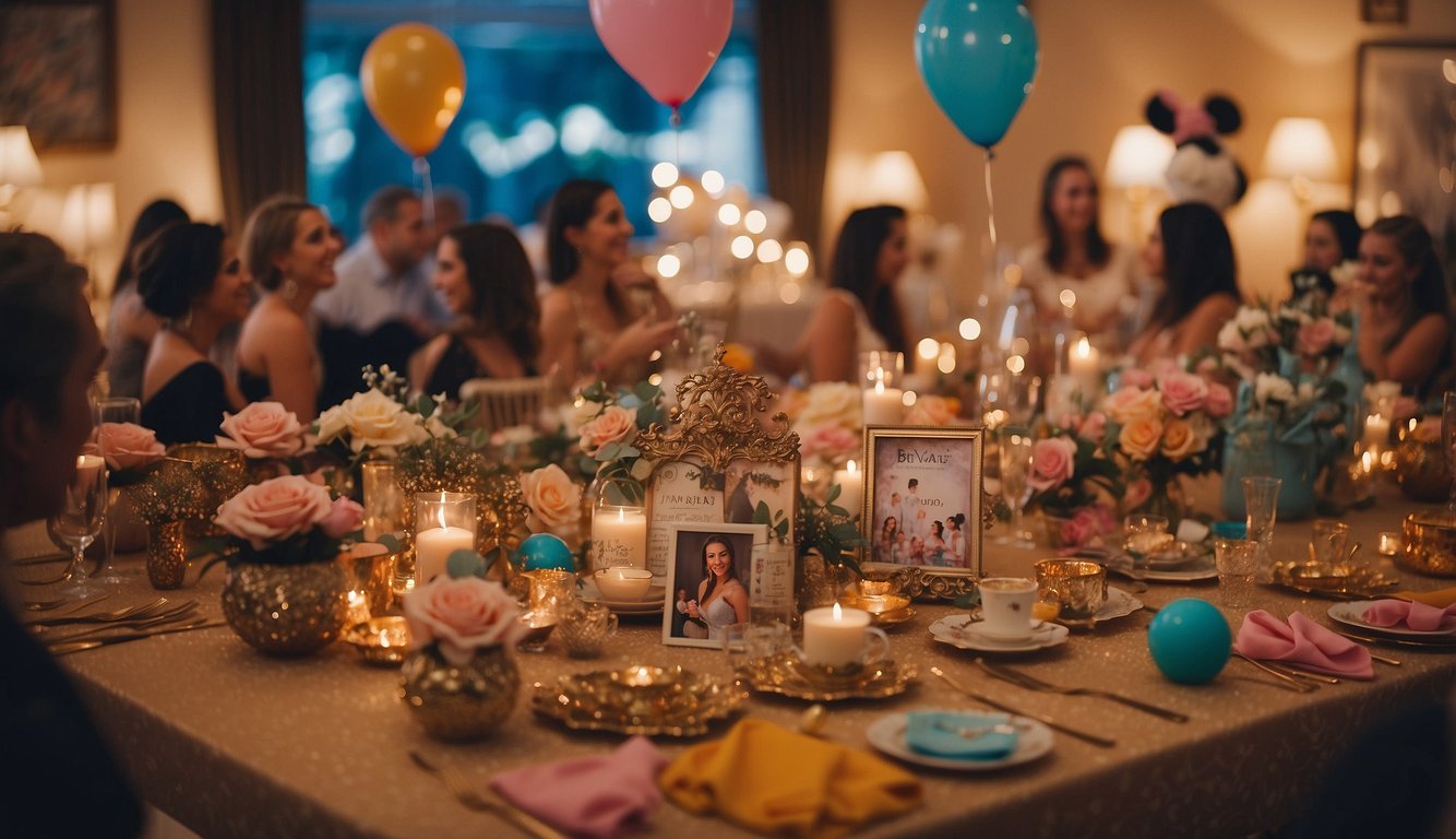 Guests gather around, sharing memories and reflections from the Disney themed bachelorette party. Decorations and souvenirs from the event are scattered around the room Disney Themed Bachelorette Party