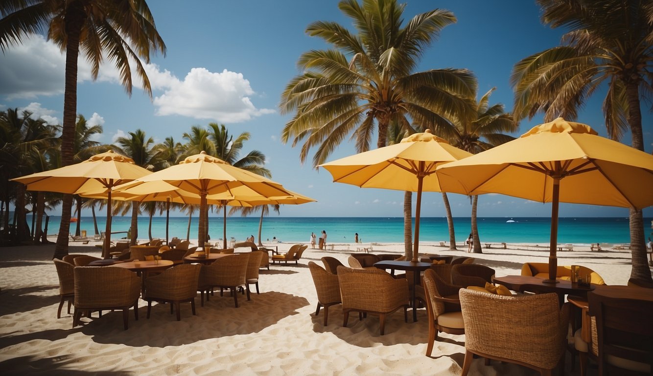 A beach with colorful umbrellas, lounge chairs, and palm trees. A beach bar with tropical drinks and a DJ playing music Bachelorette Party Beach Theme