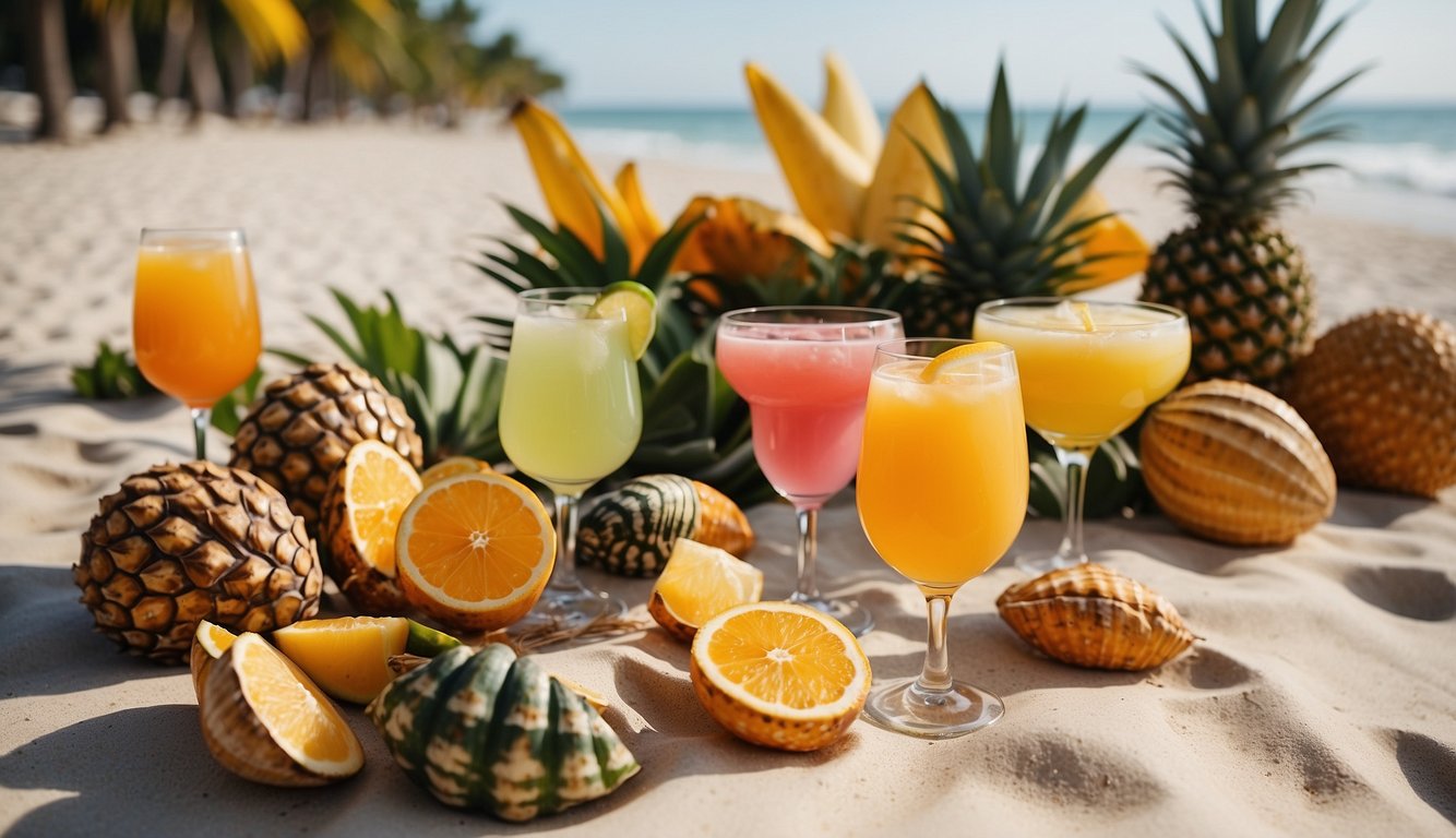 A beach-themed bachelorette party scene with colorful leis, tropical cocktails, beach balls, and a sandy shoreline with palm trees and a setting sun Bachelorette Party Beach Theme