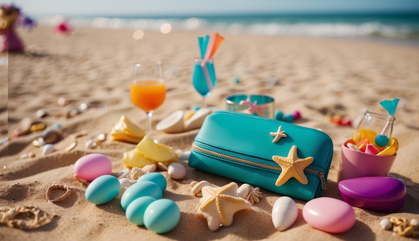 A beach-themed bachelorette party scene with colorful party favors and accessories scattered on a sandy beach backdrop Bachelorette Party Beach Theme