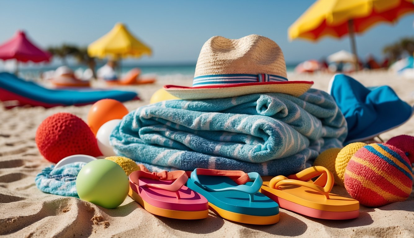 A group of colorful beach towels, sun hats, and flip flops scattered on the sand with a cooler and beach balls in the background Bachelorette Party Beach Theme
