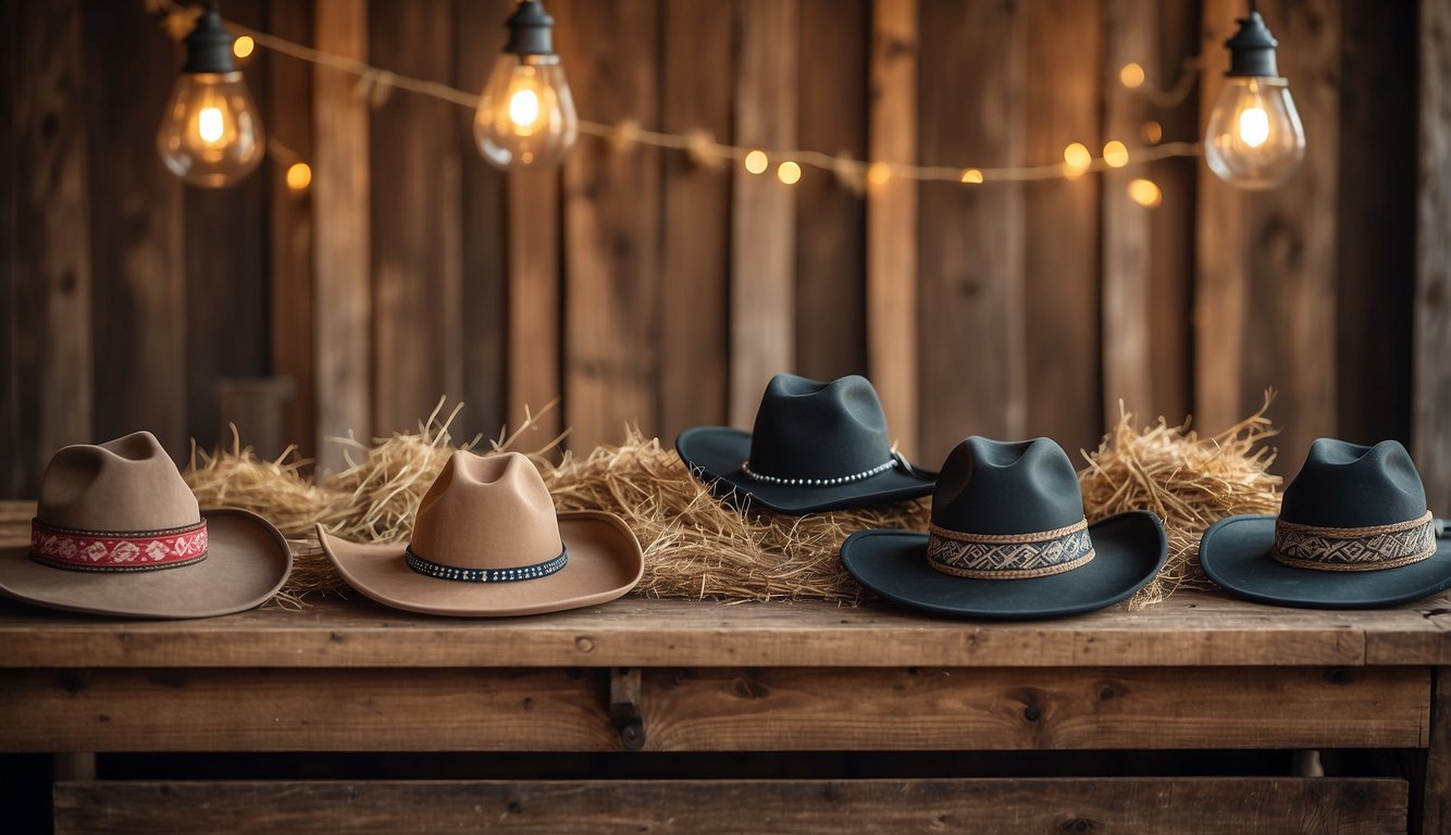 A table adorned with cowgirl hats, bandanas, and horseshoe centerpieces. A rustic backdrop with lassos and hay bales Cowgirl Themed Bachelorette Party