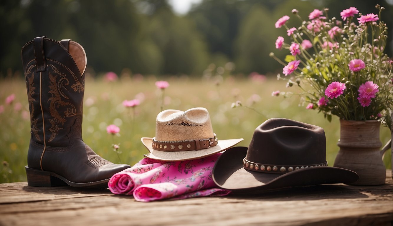 Cowgirl hats, boots, and lassos adorn a table, surrounded by pink bandanas and cowboy boots filled with wildflowers Cowgirl Themed Bachelorette Party