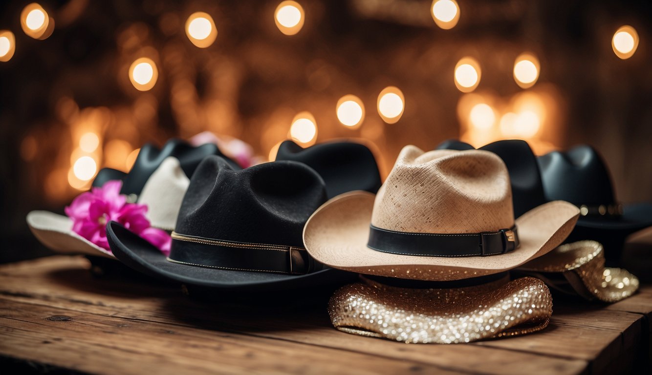 A group of cowgirl hats, boots, and lassos scattered around a rustic wooden table with a "Bachelorette Party" banner hanging in the background Cowgirl Themed Bachelorette Party