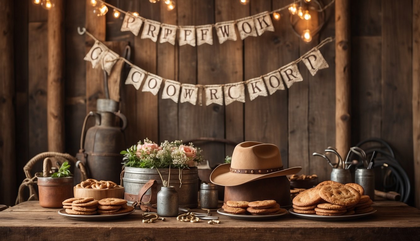 A table adorned with Western decor, cowboy hats, and horseshoes. A banner reads "Prep Work Cowgirl Bachelorette Party" with a backdrop of a rustic barn Cowgirl Themed Bachelorette Party