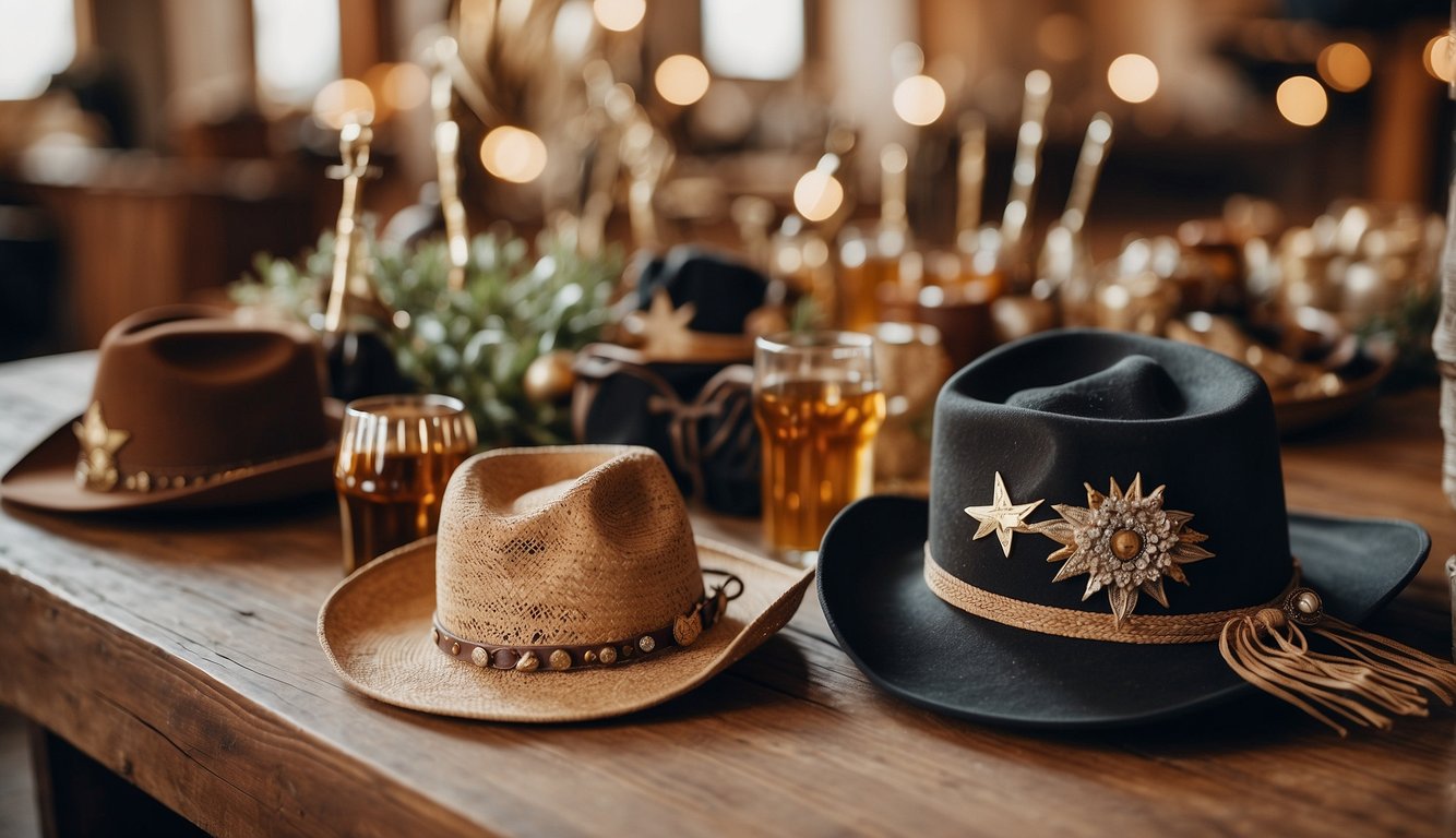 A group of cowgirl-themed decorations and props set up for a bachelorette party, including cowboy hats, boots, and a lasso Cowgirl Themed Bachelorette Party