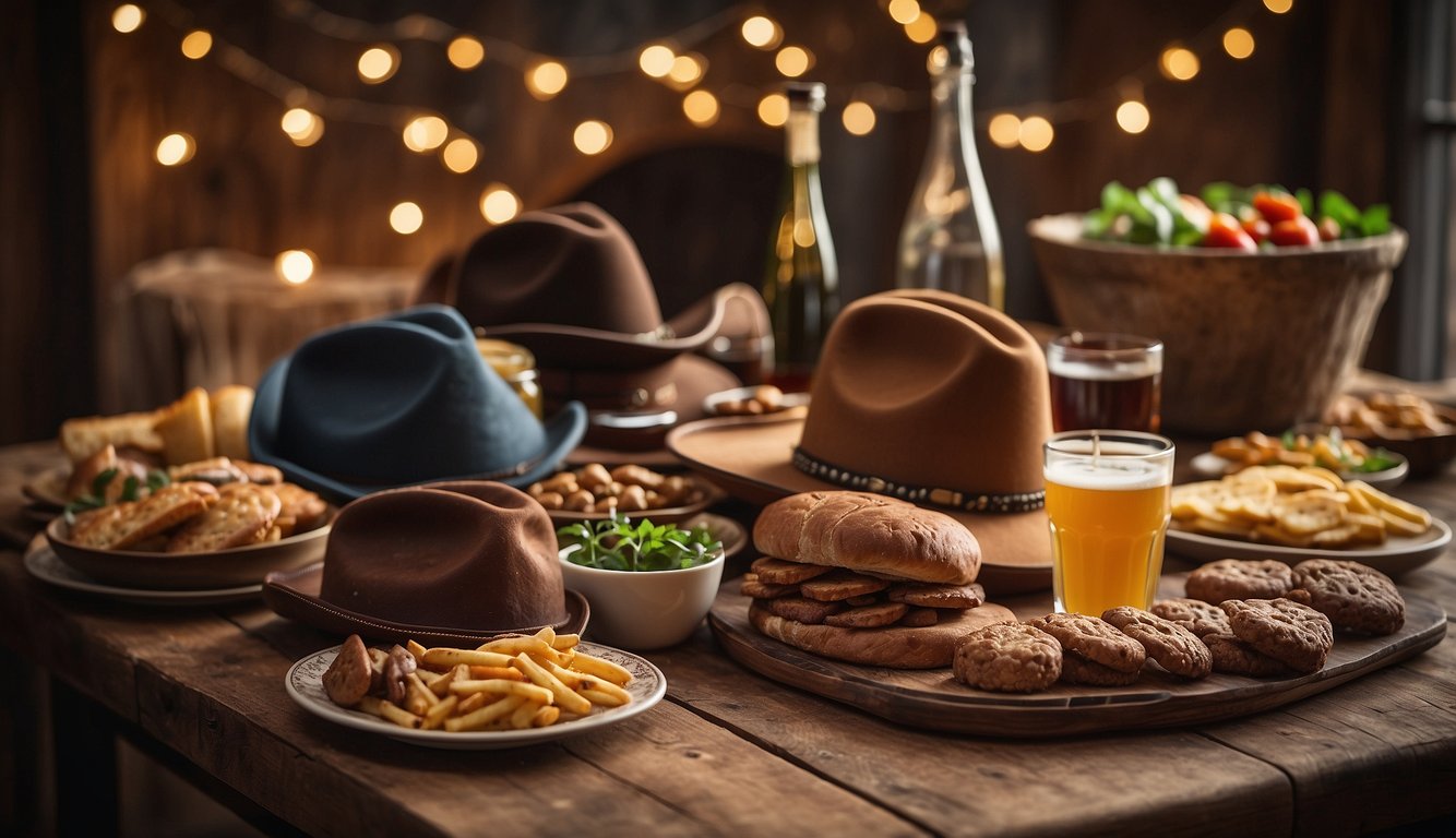 A rustic table adorned with cowboy boots, hats, and a variety of western-themed food and drinks Cowgirl Themed Bachelorette Party