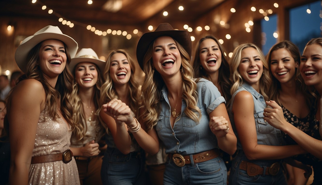 A group of women in cowgirl attire dancing and laughing at a bachelorette party with western-themed decorations and games Cowgirl Themed Bachelorette Party
