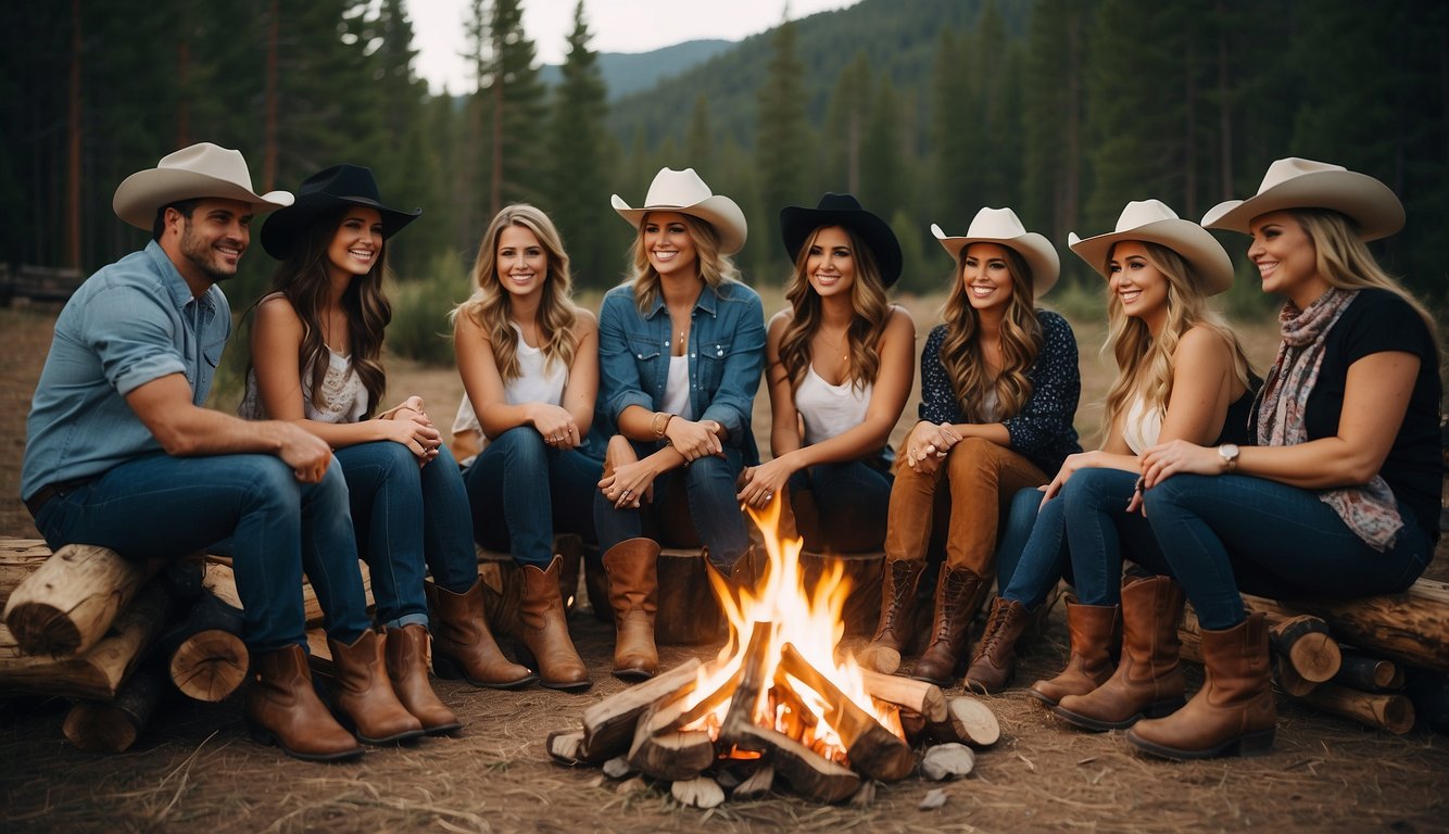 A group of cowgirl-themed bachelorette party attendees wearing cowboy boots, hats, and bandanas, gathered around a campfire with a rustic wooden sign that says "Unique Add-Ons." Cowgirl Themed Bachelorette Party
