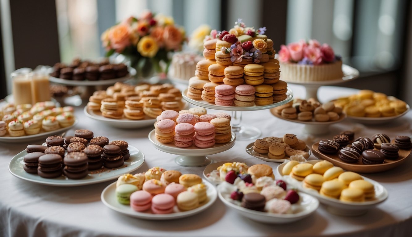 A table adorned with various dessert alternatives and add-ons for bachelorette party cakes, including macarons, chocolate truffles, edible flowers, and colorful sprinkles Bachelorette Party Cake Ideas 