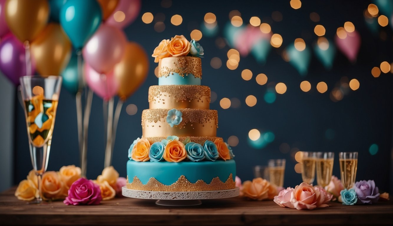 A colorful, tiered cake adorned with playful and elegant bachelorette-themed decorations, such as champagne bottles, high heels, and lipstick Bachelorette Party Cake Ideas 
