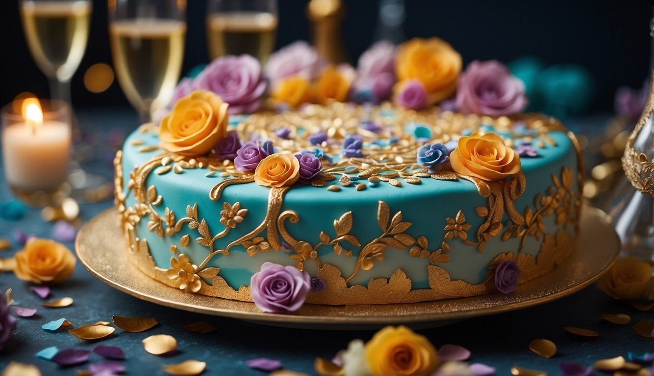 A colorful cake adorned with modern and traditional elements, such as trendy floral designs and classic lace details, surrounded by champagne glasses and confetti Bachelorette Party Cake Ideas 