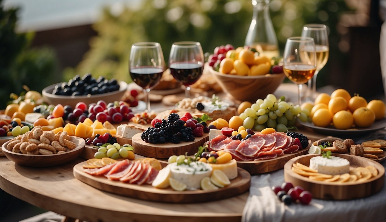 A table adorned with colorful, artfully arranged dishes: charcuterie boards, fruit platters, and gourmet finger foods. A backdrop of festive decorations sets the scene for a bachelorette party feast Bachelorette Party Food Ideas