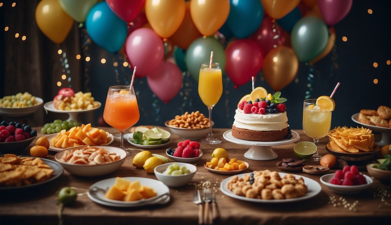 A table adorned with colorful cocktails, platters of finger foods, and a whimsical cake. Streamers and balloons create a festive atmosphere Bachelorette Party Food Ideas