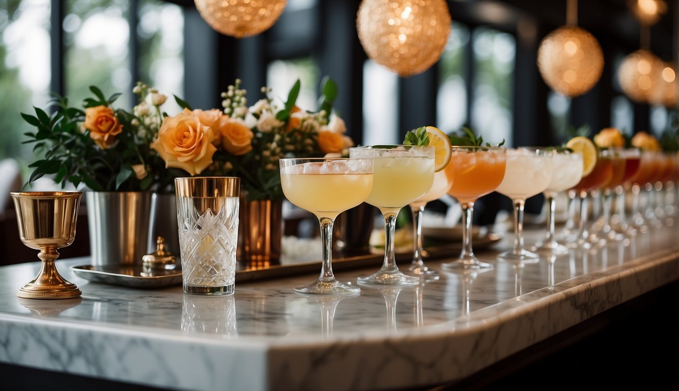 Elegant cocktails line a marble bar, surrounded by lush floral arrangements and sparkling drink stations Bachelorette Party Food Ideas