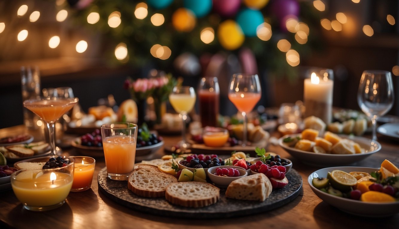 A table adorned with colorful cocktails, charcuterie boards, and decadent desserts. A backdrop of twinkling lights and festive decorations sets the scene for a lively bachelorette party Bachelorette Party Food Ideas